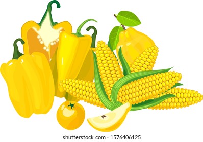 Composition of different yellow vegetables and fruits isolated on white background