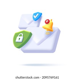 Composition of digital icons of envelope with security shield and padlock and notification bell, 3d isometric illustration, isolated