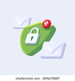 Composition of digital icons of green security shield with padlock and unread notification, digital envelopes email icons, isolated
