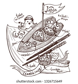 Composition from dishes of Japanese cuisine on a sheet of a bamboo, a tape and the text. Traditional Japanese food, national cuisine. Line ink sketch on a white background. Hand Drawn Vector.