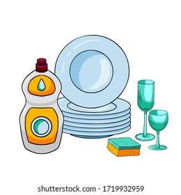 Composition of dishwashing detergent,
clean plates and glasses, sponges. Illustration on the topic of washing dishes and cleaning the house. A set of dishes isolated on a white background hand-drawn