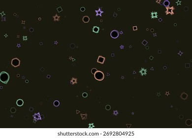 Composition displays an array of floating stars, circles, squares, triangles, and hexagons in varied colors against a dark background, creating depth.