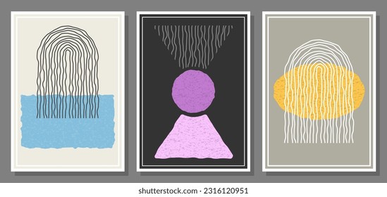 The composition of distorted geometric shapes. A collection of posters or paintings in a minimalist style. Layout of interior design, prints and creative ideas