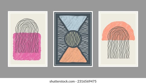 The composition of distorted geometric shapes. A collection of posters or paintings in a minimalist style. Layout of interior design, prints and creative ideas
