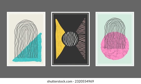 The composition of distorted geometric shapes. A collection of posters or paintings in a minimalist style. Layout of interior design, prints and creative ideas