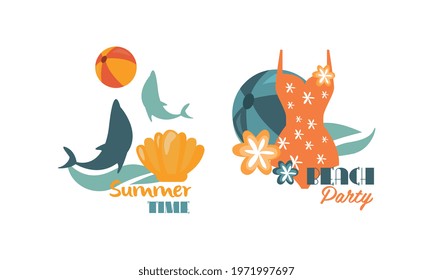 Composition with Dolphin and Swimsuit as Beach Holiday and Summer Vacation at Sea Shore Vector Set