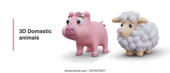 Composition with domestic animals. Realistic fluffy sheep and pink pig. Animals for online computer farm game. Vector illustration in 3D style with white background