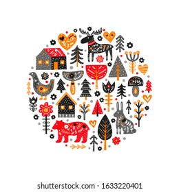 Composition with doodle animals, trees, houses, flowers, mushrooms and Nordic ornaments in Scandinavian folk art style on white background.