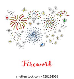 Composition of doodle colorful fireworks with lettering isolated on white background.