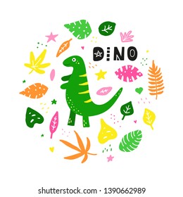 Composition with doodle dinosaur and tropical jungle leaves around him isolated on white background.