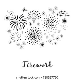 Composition of doodle fireworks with lettering isolated on white background.