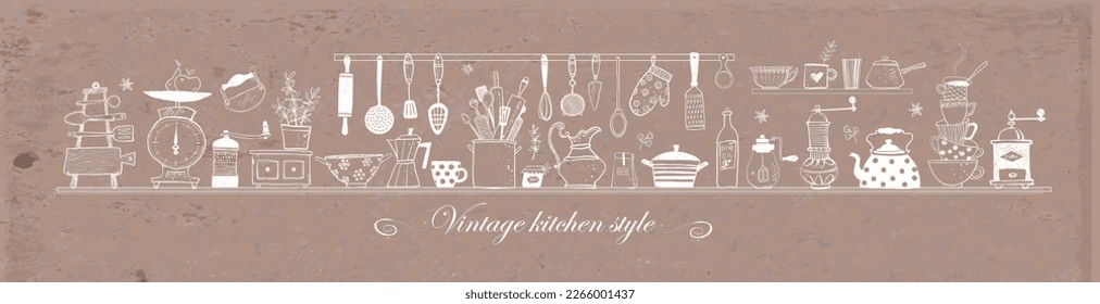 Composition with doodle kitchen utensils on brown parcel paper background. Vector sketch illustration.