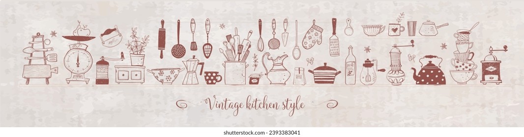 Composición con utensilios de cocina de doodle en fondo vintage con lugar para tu texto. Ilustración de esbozo del vector.