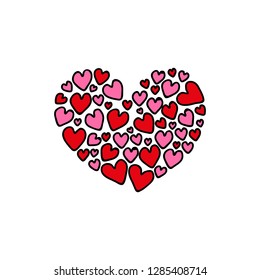 Composition with doodle red and pink hearts isolated on white background.