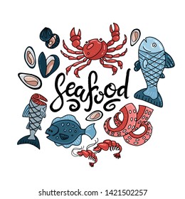 Composition of doodle style hand drawn rough seafood sketches with lettering quote. Vector set isolated on white background. Kid illustration for web design, textile prints, covers, posters, menu