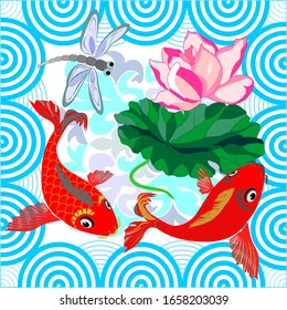Composición de peces dragones, libélula y loto enmarcado por ondas estilizadas - símbolos y talismanes de buena suerte, riqueza, amor en el Este, para web , impreso en papel, textil, cerámica, plástico, lienzo