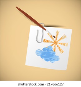 Composition drawing a brush with the sun and cloud on an orange background for your design