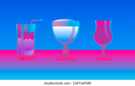 Composition of drinks on neon vivid light. Synthwav/ vaporwave 80s-90s style aesthetics.