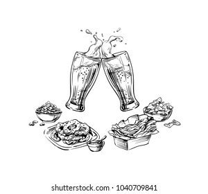 Composition Of Drinks And Snacks. Set Of Food. Two Beer Glasses, Mugs, Pint With A Foam Splash Clinking. Hand Drawing Graphic Sketch For Oktoberfest Or Menu The Restaurant, Pub, Bistro, Bar. Vector