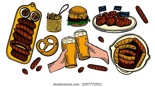 The composition of drinks and snacks. Set food and beer in a glass, mug, cup and jar. Hand drawing graphic strokes, lines Sketch for Oktoberfest or menu the restaurant, pub, bistro, snack bar, Vector