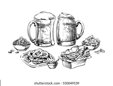 The composition of drinks and snacks. Set food and beer in a glass, mug, cup and jar. Hand drawing graphic strokes, lines Sketch for Oktoberfest or menu the restaurant, pub, bistro, snack bar, Vector