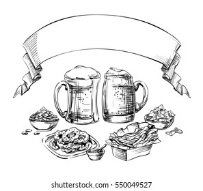 The composition of drinks and snacks top with ribbon and blank place for inscription. Food and beer in a glass, mug, cup and jar. Sketch for Oktoberfest or menu the restaurant, pub, snack bar, Vector