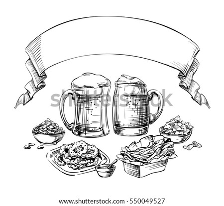 The composition of drinks and snacks top with ribbon and blank place for inscription. Food and beer in a glass, mug, cup and jar. Sketch for Oktoberfest or menu the restaurant, pub, snack bar, Vector