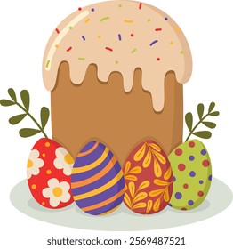 Composition with Easter cake and colored Easter eggs. Illustration with Easter tasty symbols