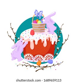 Composition - Easter cake and cute rabbits. Colorful illustration for the design for the Easter holiday. Vector image isolated on a white background