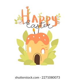 Composition with easter cake and lettering in modern flat style. Vector illustration with nature elements and eggs