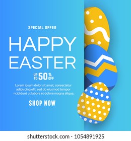 Composition of Easter card with  shape frame, egg on colorful modern background. Vector illustration. 