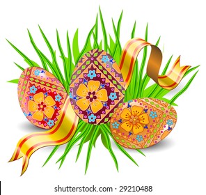 Composition from easter color eggs painted by patterns, illustration