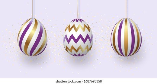 Composition of Easter eggs. Festive background On a light background, white golden Easter eggs with geometric patterns. Template for posters and posters for sale banners,. Vector.