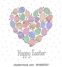 Composition with easter eggs hand drawn black on white background. Easter greeting card. Colorful Easter eggs arranged in heart shape.
