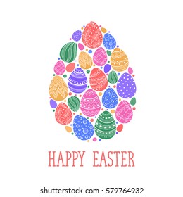 Composition with easter eggs hand drawn black on white background. Easter greeting card  in egg shape.