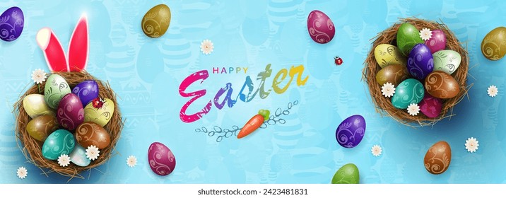 Composition with Easter eggs in nests, rabbit ears.
