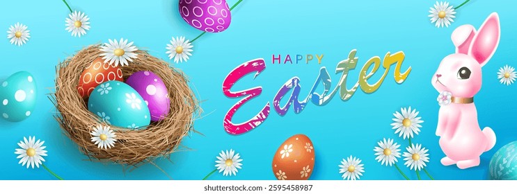Composition with Easter eggs in a straw nest and a cute pink bunny