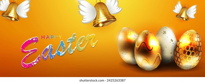 Composition with Easter golden eggs and bells with wings.