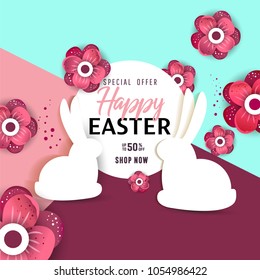 Composition of Easter sale banner background template with beautiful colorful spring flowers and bunny rabbit . Vector illustration.