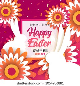 Composition of Easter sale banner background template with beautiful colorful spring flowers and bunny rabbit . Vector illustration.