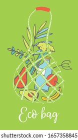 Composition with eco bag filled with fruits, glass bottle and plants. Hand drawn vector sketch illustration