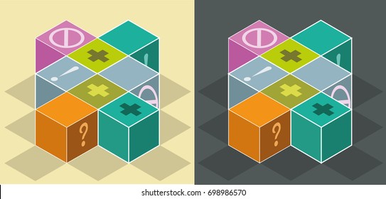 Composition from Eight Cubes with Different Images on the faces. Vector illustration