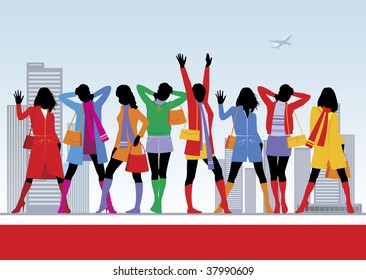 Composition with eight female figures. All women are dressed in warm clothes. Behind them the city landscape is located.