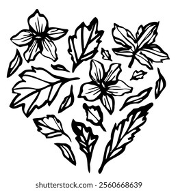 Composition with elegant hand drawn botanical line art with flowers and leaves for crafting, invitations, coloring books, tattoos, and minimalist decor. vector illustration for creative projects