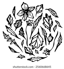 Composition with elegant hand drawn botanical line art with flowers and leaves for crafting, invitations, coloring books, tattoos, and minimalist decor. vector illustration for creative projects