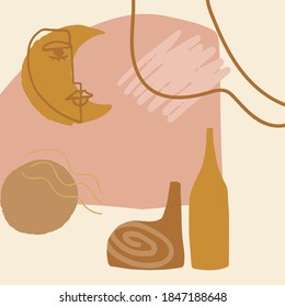 Composition from elements of abstract modern design. Face and moon. Contemporary hand-drawn collage. Spots, lines, dots, doodle objects. Pastel shades. For social networks, web, design templates.