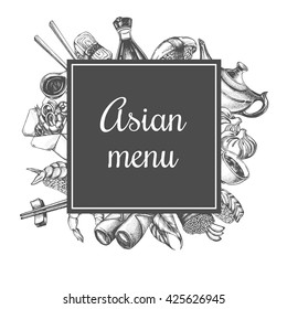Composition with elements of Asian cuisine. Menu or signboard template for restaurant. Hand drawn Vector illustration in vintage style.