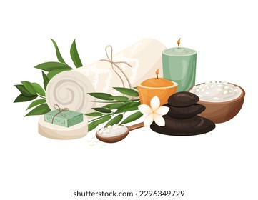 Composition of elements for spa, aromatherapy, relaxation. Towel with candles, hot stones, cosmetic sea salt, solid  soap. Vector illustration on white background