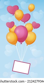 Composition of eleven yellow and pink balloons on a blue background