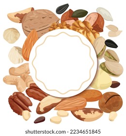 Composition with empty ornate circle frame surrounded by nuts and seeds flat set of bean icons vector illustration